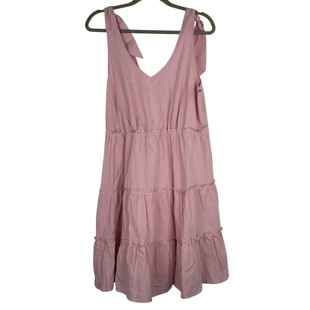 ZESICA V NECK SLEEVELESS TIE SHOULDER RUFFLE SWING SHORT SUNDRESSES PINK LARGE - Picture 3 of 8